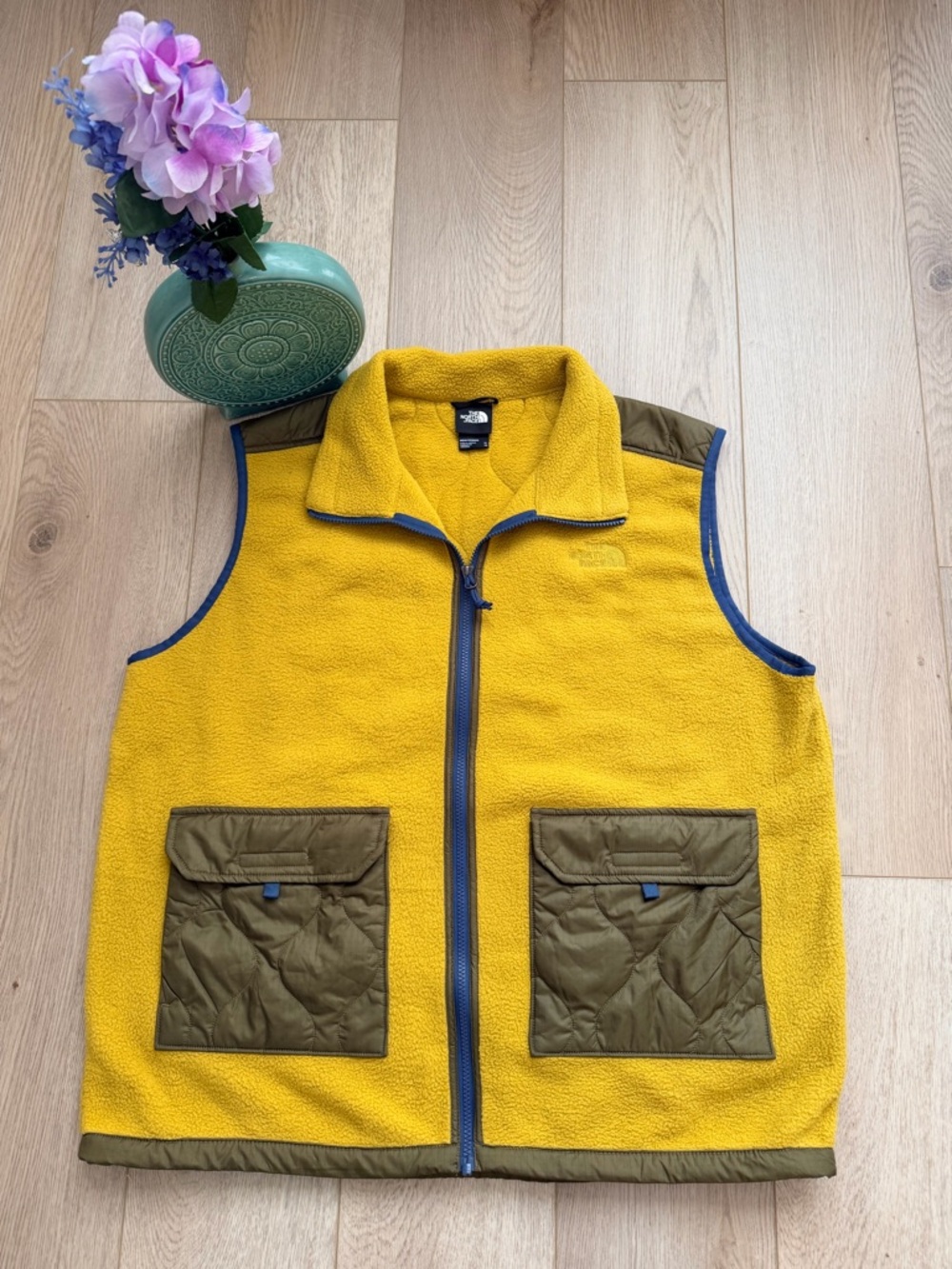 The North Face Yellow Fleece Vest with Olive Patch Pockets and Blue Trim - Picture 3 of 11